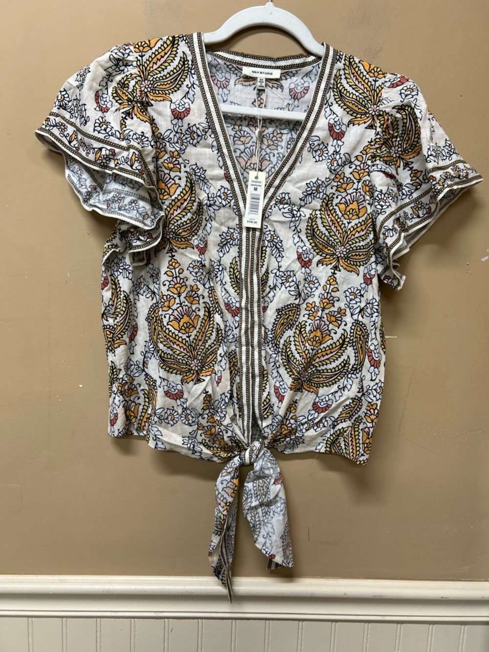 Max Studio Floral Flutter Sleeve Tie Waist Blouse Womens Medium Cottagecore NWT
